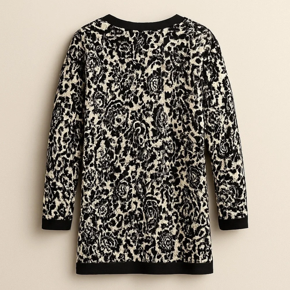 Black White Cardigan Damask Jacquard Sweater Cardigan Classic Casual EUC S #785